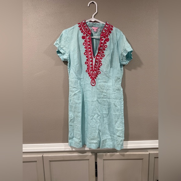 Lilly Pulitzer Boca Garden Linen Tunic Dress Aqua Embroidered - Picture 3 of 6